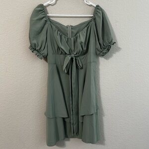 Shein Dress Sage Green Puff Sleeve Tie Front Zipper Back Tiered Ruffle Bottom